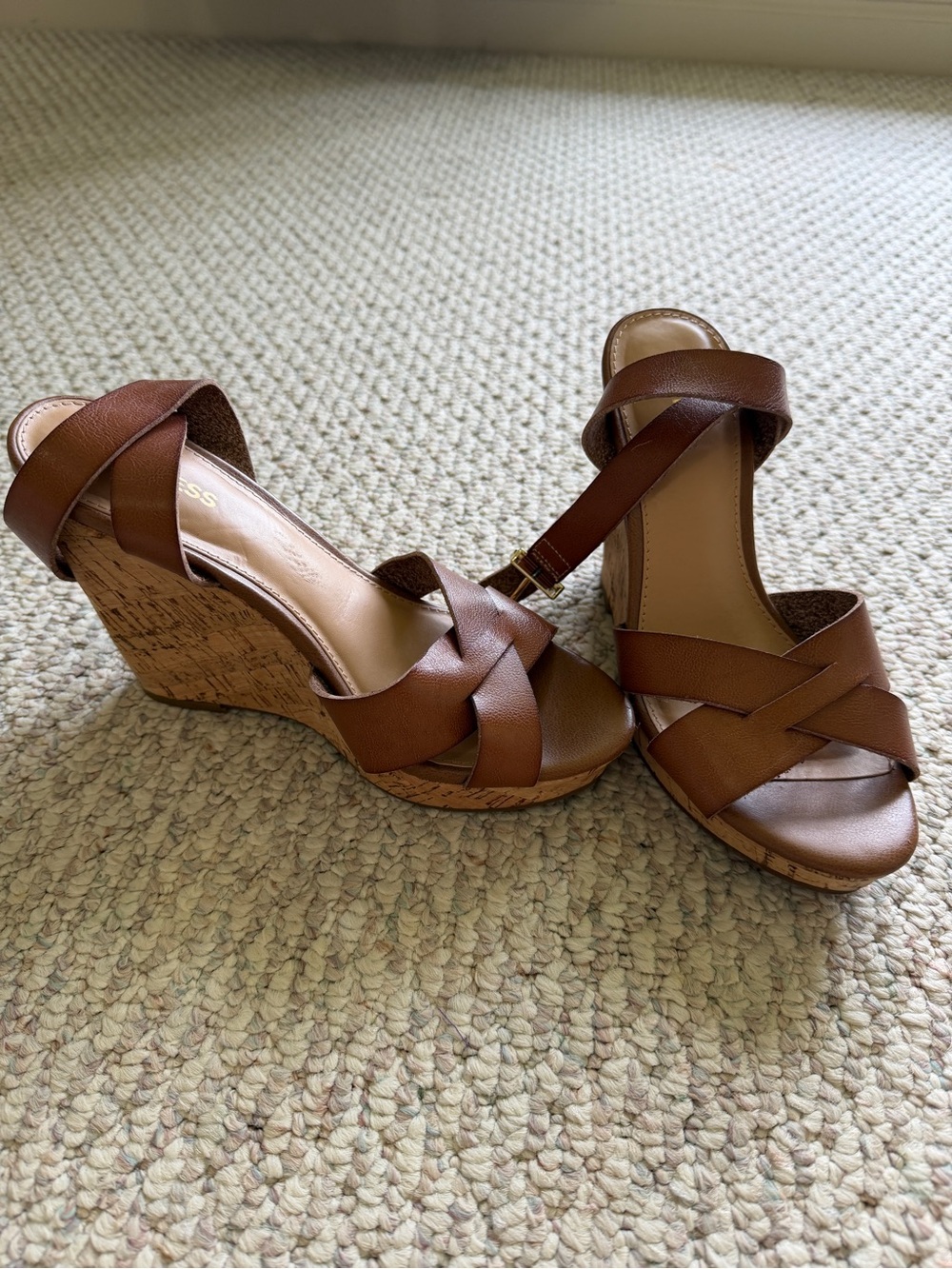 Express Brown Leather Cork Wedge Sandals